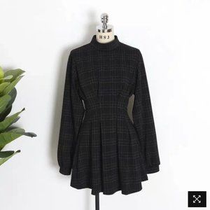 Long Sleeve Pleated Navy Blue Plaid Dress